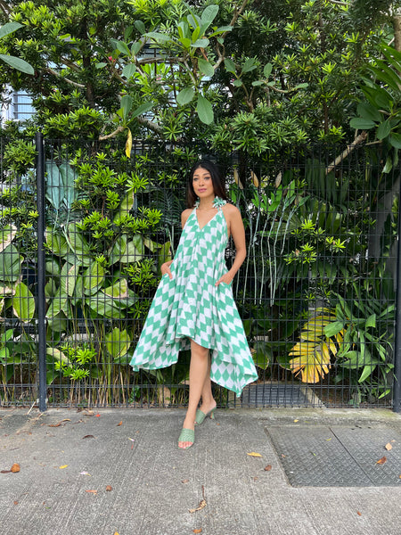 Twyla Backless Strappy Dress with Bralette Top -Green and White Ikat
