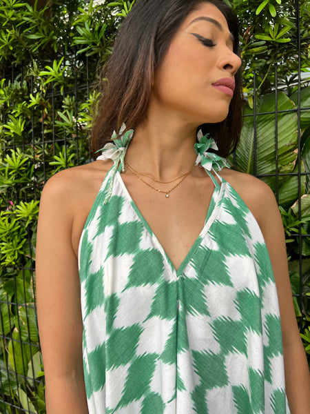 Twyla Backless Strappy Dress with Bralette Top -Green and White Ikat