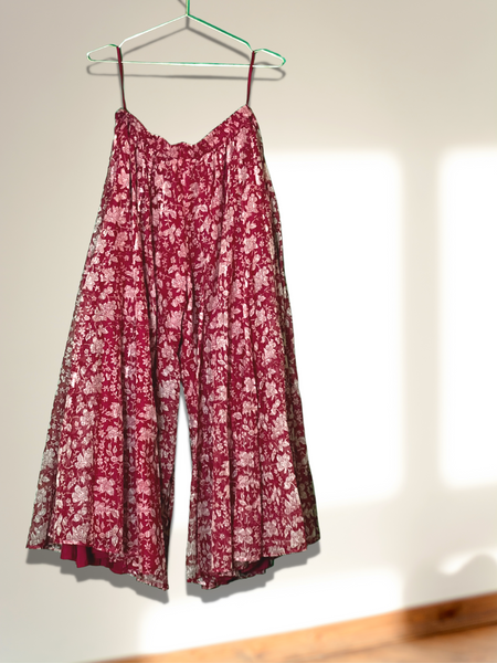 Flared Pants -Red and White Floral Blockprinted Kota Doria