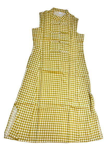 Eileen Mandarin Collar Dress - Yellow With White Checks