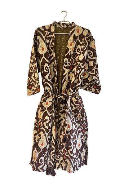 BROWN WITH WHITE PAISLEY AND RED LEAF MOTIF