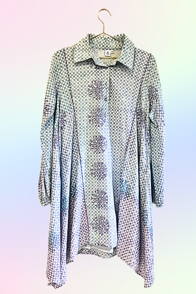 Leela Flared Swing Dress -Blue and Mauve Trellis Floral Blockprint