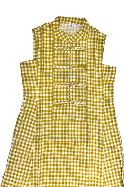 Eileen Mandarin Collar Dress - Yellow With White Checks