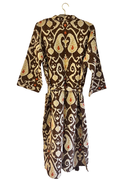 BROWN WITH WHITE PAISLEY AND RED LEAF MOTIF
