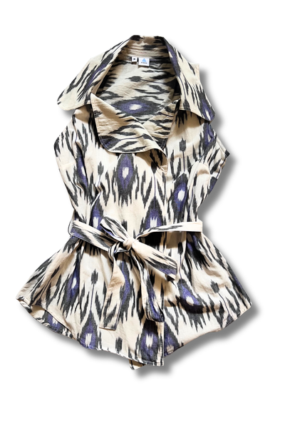 Ikat "George Sand" Tie-Up Shirt Jacket - White with Dark Grey Motifs