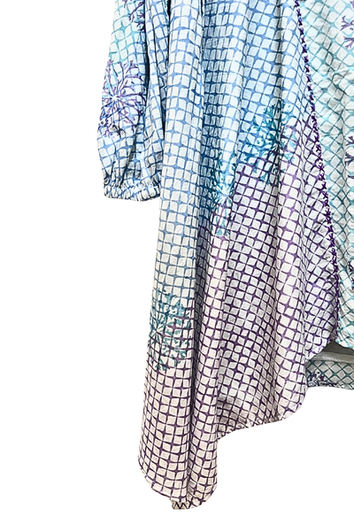 Leela Flared Swing Dress -Blue and Mauve Trellis Floral Blockprint