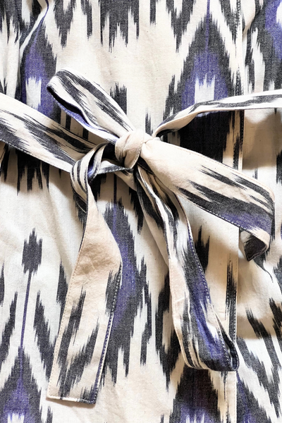 Ikat "George Sand" Tie-Up Shirt Jacket - White with Dark Grey Motifs