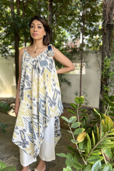 Strappy Hi-Lo Handkerchief Top - Ikat Blue Grey and Yellow