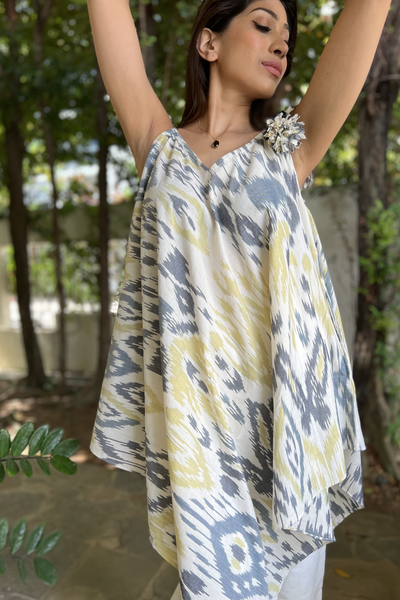 Strappy Hi-Lo Handkerchief Top - Ikat Blue Grey and Yellow