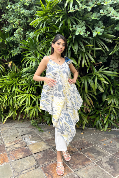 Strappy Hi-Lo Handkerchief Top - Ikat Blue Grey and Yellow