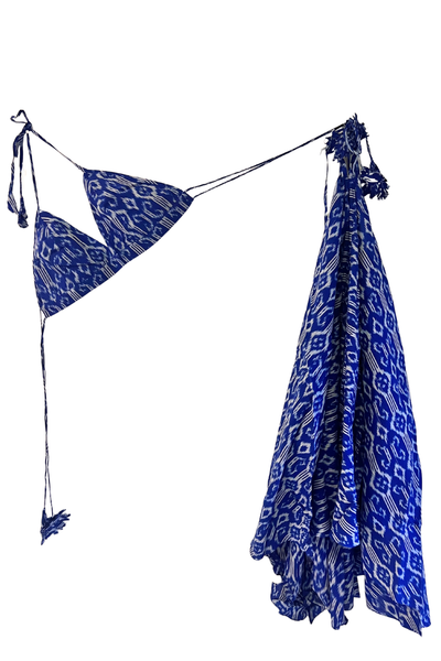 Twyla Backless Strappy Dress with Bralette Top -Indigo Blue and White Ikat