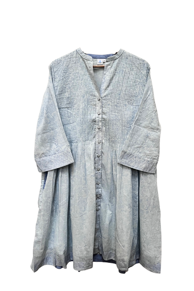 Louisa Pintuck Overlay Dress in Light Blue Floral Blockprinted Cotton