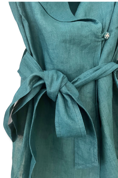 George Sand Tie-Up Shirt Jacket - Teal Green Linen
