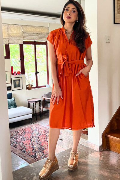 Bella Shift Dress - Flame Orange Chanderi