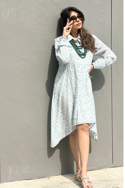 Leela Flared Swing Dress -Blockprinted Light Blue With Small Diamond Motif