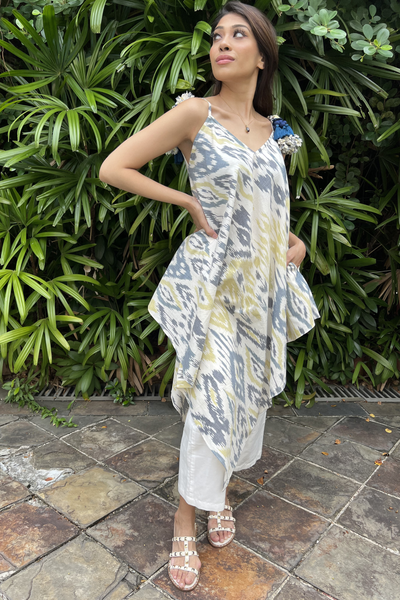 Strappy Hi-Lo Handkerchief Top - Ikat Blue Grey and Yellow