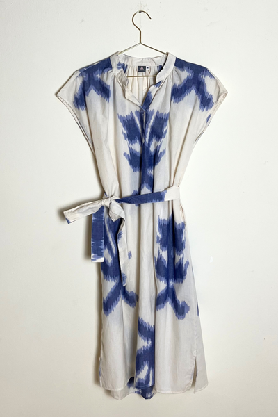 Bella Shift Dress - White and Blue Ikat
