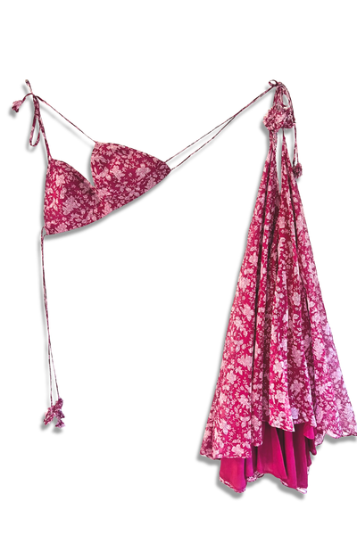 Twyla Backless Strappy Dress with Bralette Top -Red Floral Blockprinted Kota Doria