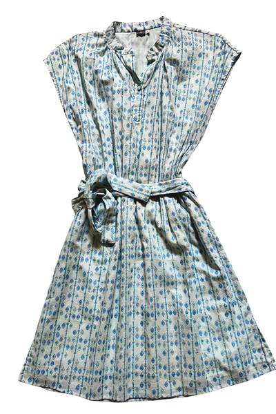 Bella Shift Dress - Light Blue and Green Floral Diamond Blockprint