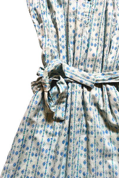 Bella Shift Dress - Light Blue and Green Floral Diamond Blockprint