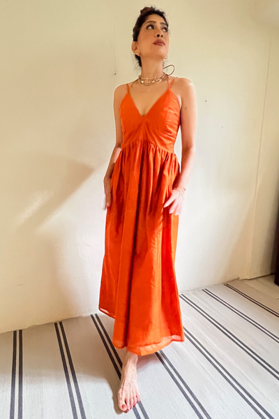 Nina Strappy Maxi Dress - Flame Orange Chanderi