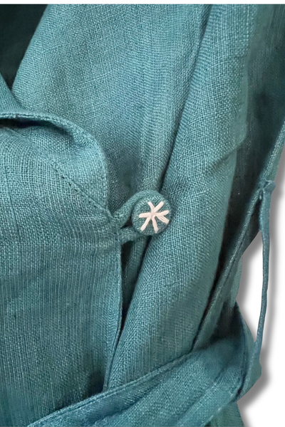 George Sand Tie-Up Shirt Jacket - Teal Green Linen