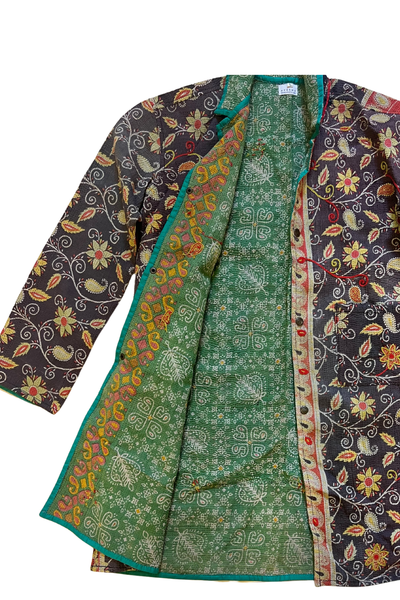 BROWN WITH YELLOW AND RED FLOWERS UPCYLCLED PATCHWORK JACKET