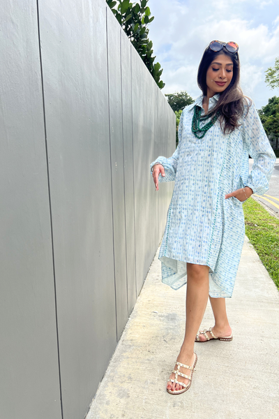 Leela Flared Swing Dress -Blockprinted Light Blue With Small Diamond Motif
