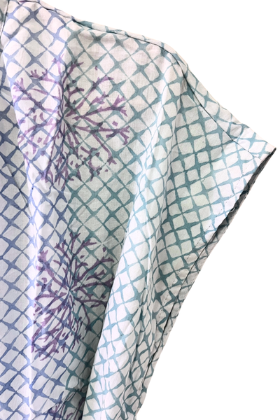 Bella Shift Dress - Blue and Mauve Trellis Floral Blockprint