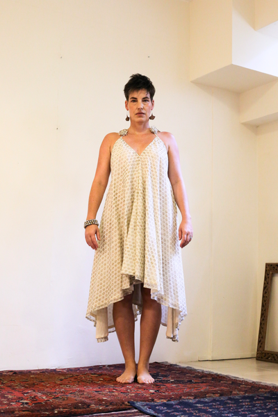 Twyla Backless Strappy Dress with Bralette Top -Gold Blockprinted Kota Doria