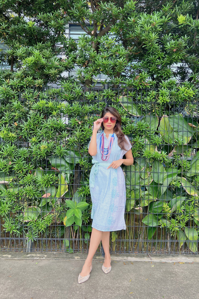 Bella Shift Dress - Blue and Mauve Trellis Floral Blockprint