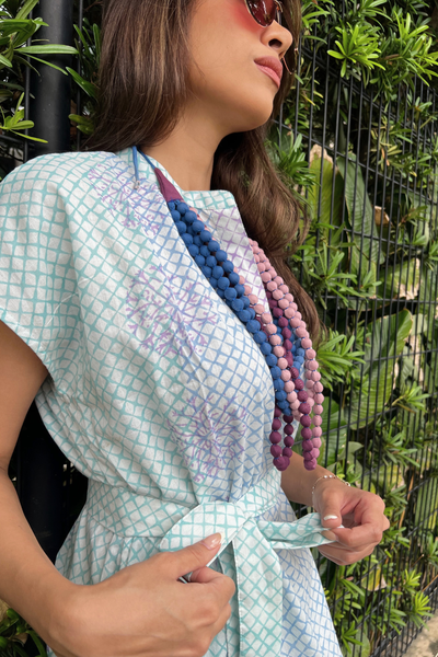 Bella Shift Dress - Blue and Mauve Trellis Floral Blockprint