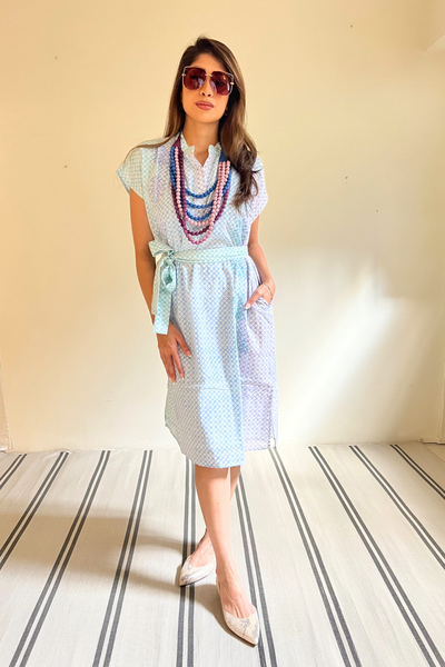 Bella Shift Dress - Blue and Mauve Trellis Floral Blockprint