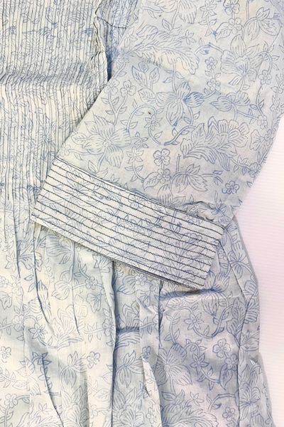 Louisa Pintuck Overlay Dress in Light Blue Floral Blockprinted Cotton