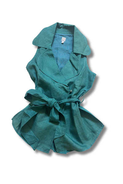 George Sand Tie-Up Shirt Jacket - Teal Green Linen