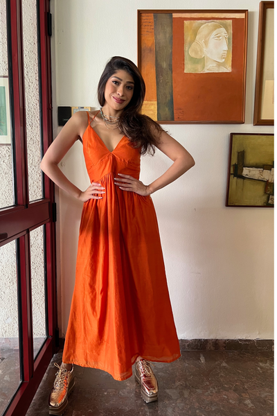Nina Strappy Maxi Dress - Flame Orange Chanderi