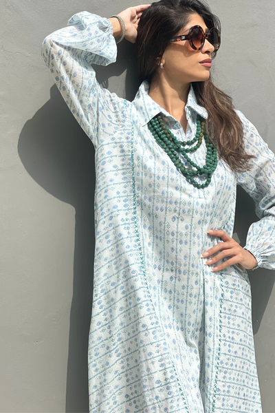 Leela Flared Swing Dress -Blockprinted Light Blue With Small Diamond Motif