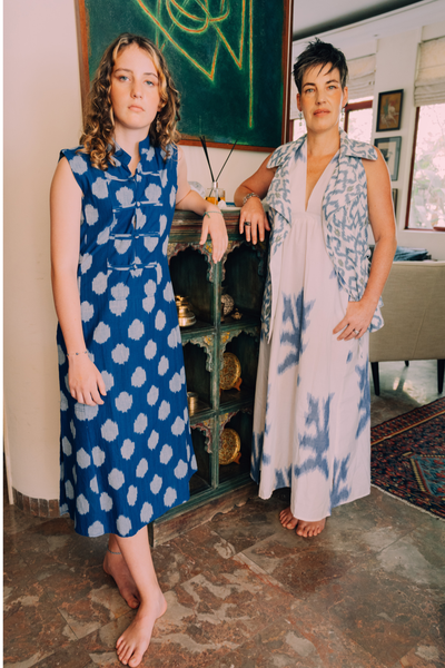 Eileen Mandarin Collar Dress - Blue and White Ikat