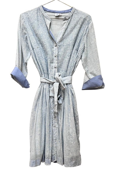 Louisa Pintuck Overlay Dress in Light Blue Floral Blockprinted Cotton