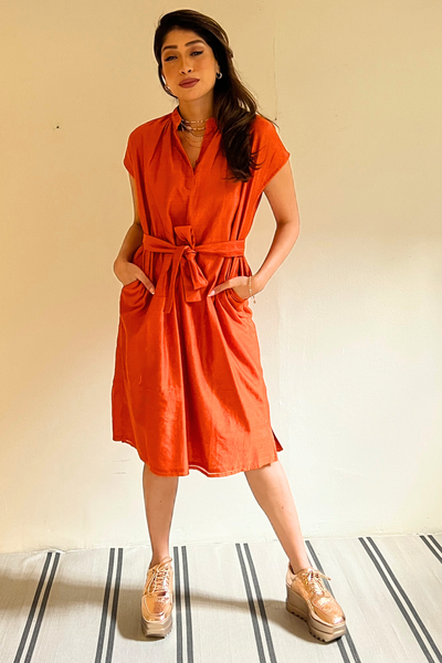 Bella Shift Dress - Flame Orange Chanderi