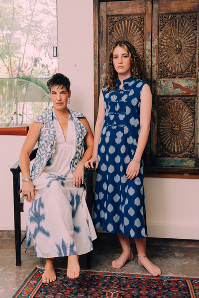 Eileen Mandarin Collar Dress - Blue and White Ikat
