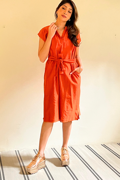 Bella Shift Dress - Flame Orange Chanderi