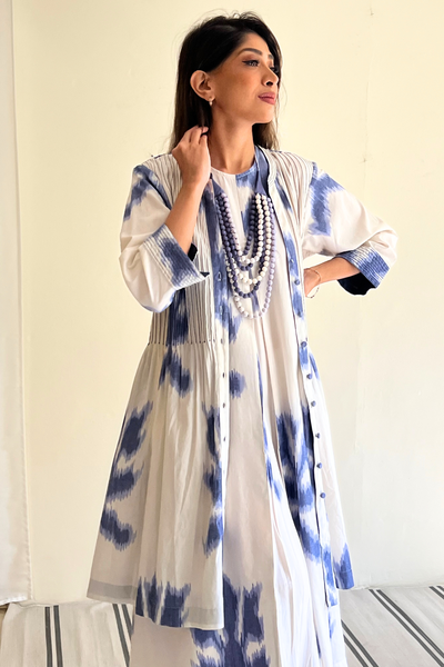 Louisa Pintuck Overlay Dress in Ikat Blue