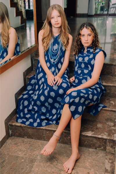 Eileen Mandarin Collar Dress - Blue and White Ikat