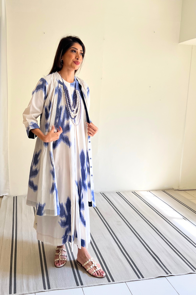 Louisa Pintuck Overlay Dress in Ikat Blue