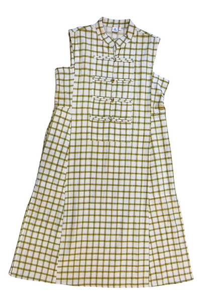 Eileen Mandarin Collar Dress - White with Yellow Checks