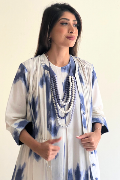 Louisa Pintuck Overlay Dress in Ikat Blue