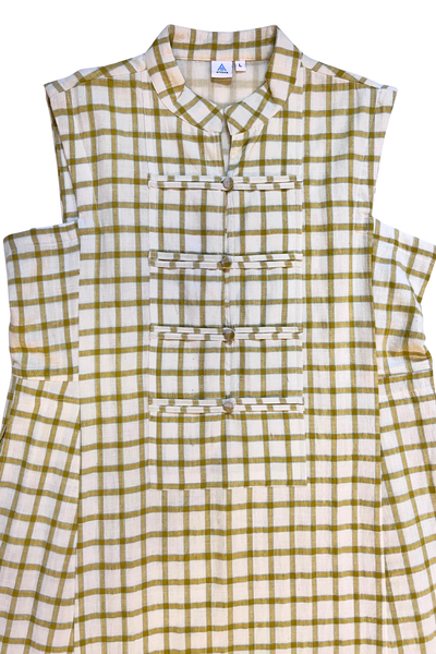 Eileen Mandarin Collar Dress - White with Yellow Checks