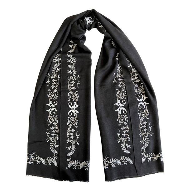Black with Silver Embroidery Long Scarf 70% Cashmere 30% Silk