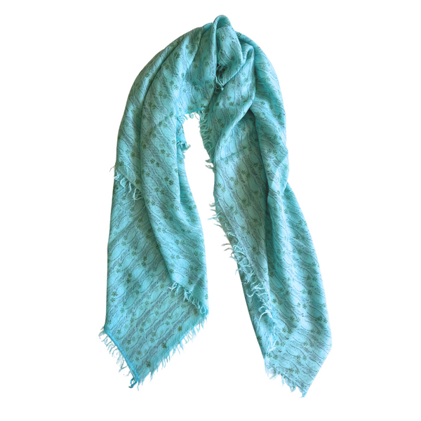 Tropical Journey Block Printed Small Flowers 100% Cashmere Twill Weave Long Scarf (Turquoise Blue)